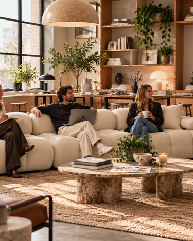 TOV Furniture Calliope 118-inch modular sofa in Cream vegan shearling with deep hand tufting and sculptural contemporary design