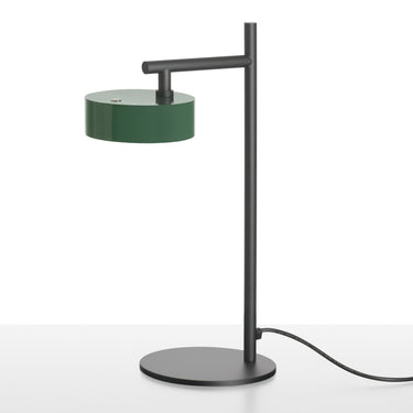 Oluce Berlin-Out outdoor table lamp with a green shade and black stem on a white background
