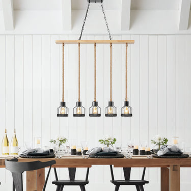 Finesse Decor Wood and Ropes 5 Light Chandelier Black