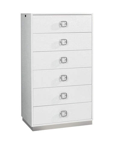 Victoria Modern White Crocodile Lacquer 6-Drawer Chest - Sleek and stylish white lacquer chest with spacious drawers and a unique crocodile texture. Perfect for modern bedroom storage.