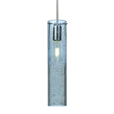 Juni 16 cylinder pendant in Blue Bubble glass, satin nickel cord and canopy | Besa Lighting