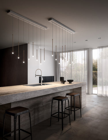 Penta Storm pendant light by Bartoli Design, slim metal stem with a single LED point of light