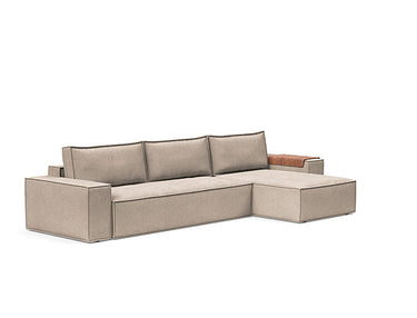 Newilla sleeper sofa with lounger and wide arms in 255 Adario Basmati fabric by Innovation Living with built-in storage