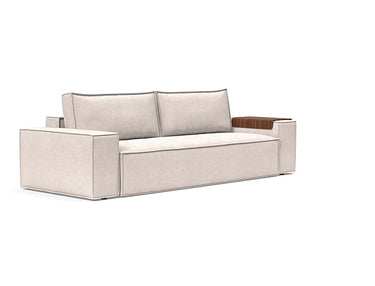 Newilla wide arm sleeper sofa with storage in 255 Adario Basmati fabric by Innovation Living, modern full-size sofa bed for small apartments.