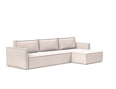 Newilla Sleeper Sofa With Lounger in 255 Adario Basmati fabric by Innovation Living showing slim arms and Full XL storage sleeper design.