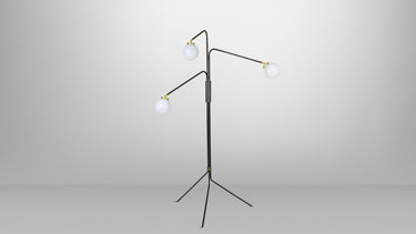 Array floor lamp in bronze with slim arms and opal glass spheres on a tripod base, studio view