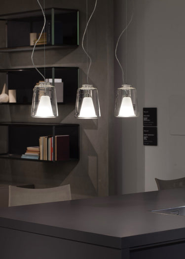 Lanternina 471 suspension lamp by Oluce with double Murano glass diffusers in transparent and sand-blasted finish