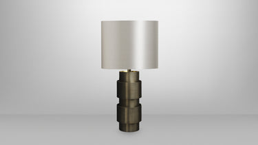 Ring table lamp in bronze with satin brass details and a dove grey silk shade, studio view