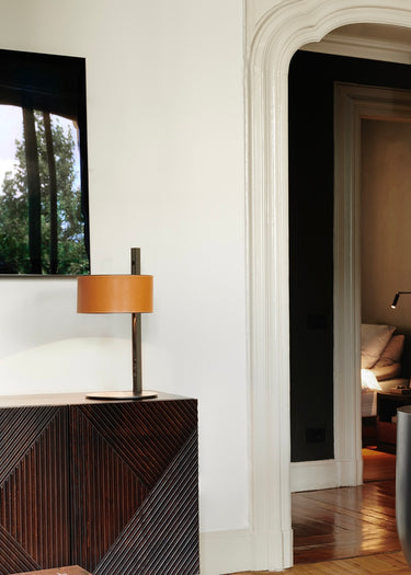 Modern leather table lamp with metal structure by Victor Vasilev