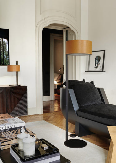 Parallel Floor Lamp by Oluce with hammered leather brown lampshade and black metal stem