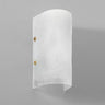 Whistler wall light with a curved, frosted fritted glass shade and two brass pins, studio view