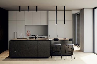 A-Tube modern LED ceiling light by Lodes in matte black installed in modern kitchen island