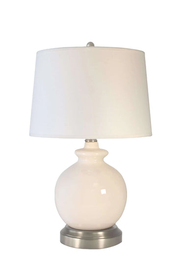 Abbeygale cordless table lamp with ivory ceramic base and brushed nickel accents