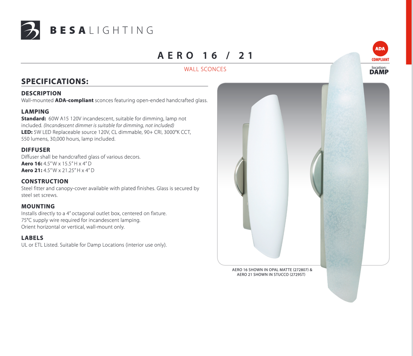 Besa Lighting Aero 16 Wall Light - Ideal for Living Rooms