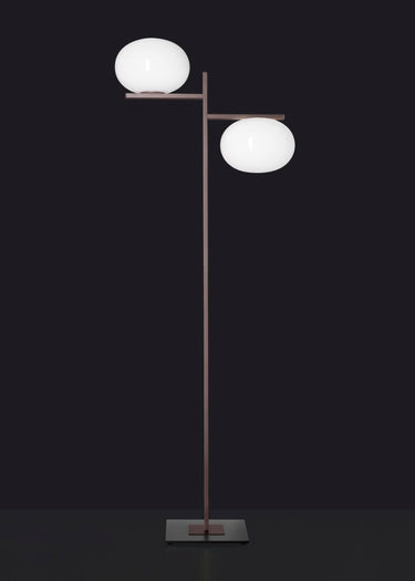 Oluce Alba 383 floor lamp with rectangular profile, warm diffused light, and universal dimmer function