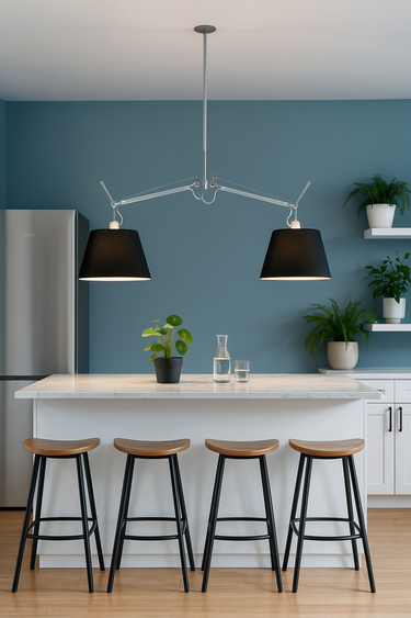 Artemide Tolomeo Double Black adjustable pendant light over modern kitchen island with 4 stools