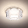 Belu ribbed drum semi-flush in Clear glass, satin nickel, straight-on | Besa Lighting – Besa shoots Clear in Satin Nickel and Smoke in Black; Bronze has the same glass