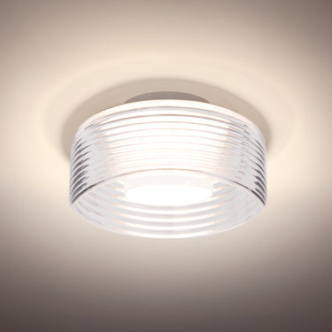 Belu ribbed drum semi-flush in Clear glass, satin nickel, straight-on | Besa Lighting – Besa shoots Clear in Satin Nickel and Smoke in Black; Bronze has the same glass