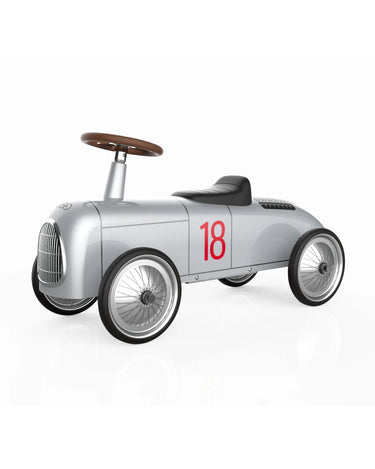 Audi-inspired metal ride-on car for toddlers by Baghera with long wheels and retro design