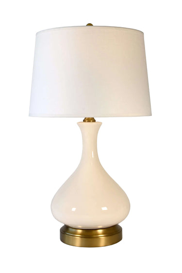 Bartlett ivory ceramic cordless table lamp with antique brass base and linen shade