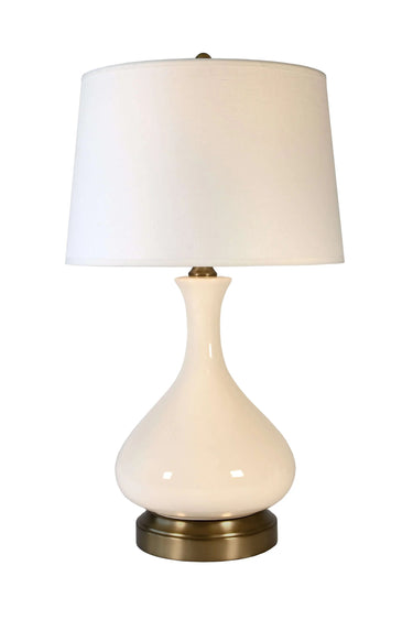 Decorative ivory ceramic table lamp with rechargeable battery, brass accents and white linen shade