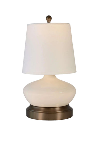 Bella ivory ceramic cordless table lamp with dark antique brass base and linen shade