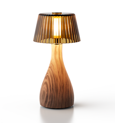 Award-winning Neoz Bellingen cordless table lamp, handcrafted Camphor Laurel wood, winter shade.