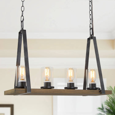 Berthelotii 4-light farmhouse kitchen island chandelier in matte black and wood finish with clear glass shades