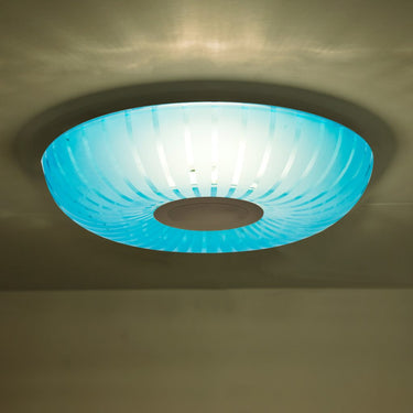 Coral blue blown glass light shade with radial frosted stripes for modern ceiling lighting