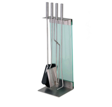 Conmoto Teras Fireplace Tools with Stand, stand with four tools and clear glass panel