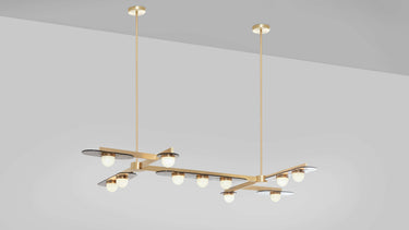 Modulo Grid 11 chandelier in satin brass hanging from two rods, studio view