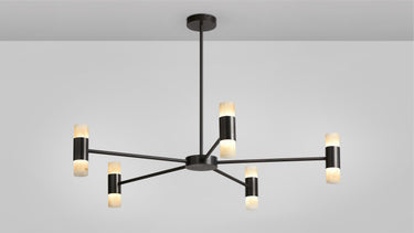 Roma pendant in bronze with dark arms and six alabaster cylinders, studio view