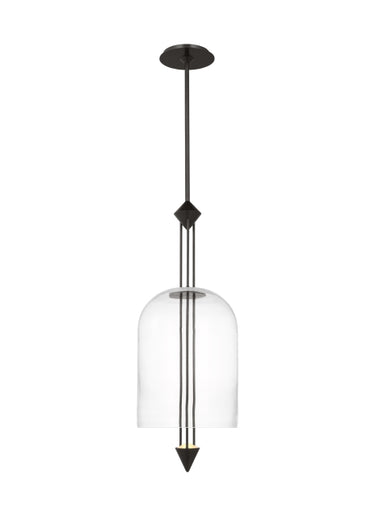 Handcrafted Cathedral Pendant Light with clear glass shade and sleek brass rod.