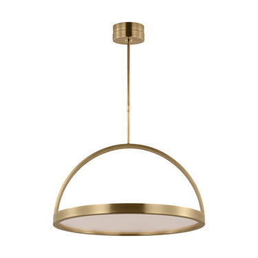 Cerne 26 inch round LED chandelier, natural brass finish, Kelly Wearstler design, warm 2700K light.