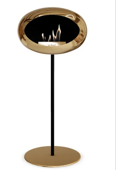 Dome Chromed Rose Gold Ground Steel High Fireplace by Le Feu in modern living room