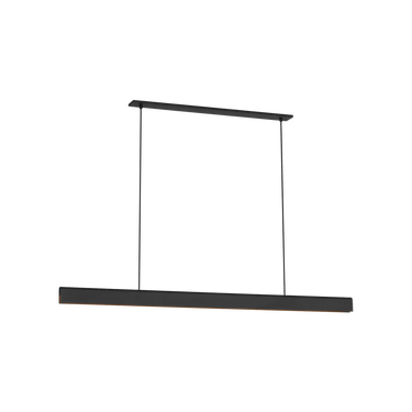 Cloak 60 linear chandelier in Nightshade Black by Visual Comfort above modern dining table