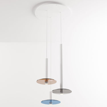 Combi Multi-Light Pendant by Koncept with mixed decorative glass plates for modern interiors