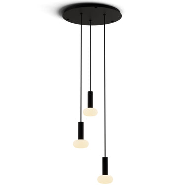 Combi round multi-light LED pendant with frost white glass ball in modern dining room