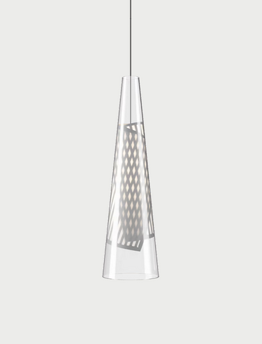 Modern Italian LED pendant light Cono di Luce by Lodes in clear Pyrex glass cone design