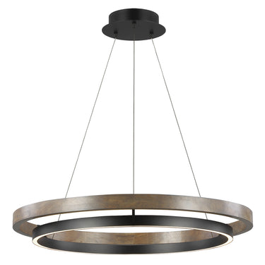 Matte black and weathered oak LED chandelier with dual ring design for modern living or dining rooms