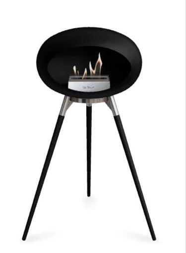 Le Feu Dome Black Ground Steel High Fireplace in a modern living room"