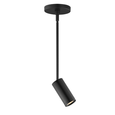 ET2 Pullman Black mini retractable arm pendant, front view of the cylinder spotlight tilted on its stem and round canopy, white background