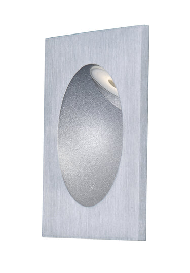 ET2 Alumilux Step Light low voltage outdoor wall light, Satin Aluminum, front view of the brushed square plate with an oval recess and LED