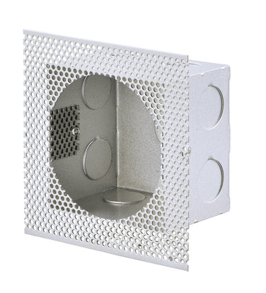 ET2 Alumilux Step Light rough-in box, empty metal box with perforated flange and knockouts, front view