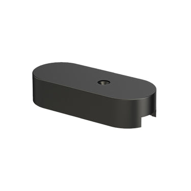ET2 Continuum track splice box, Black, rounded oblong box with a single screw hole in the top
