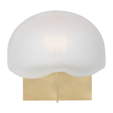 Hand-blown glass table lamp with antique brass base and warm LED light