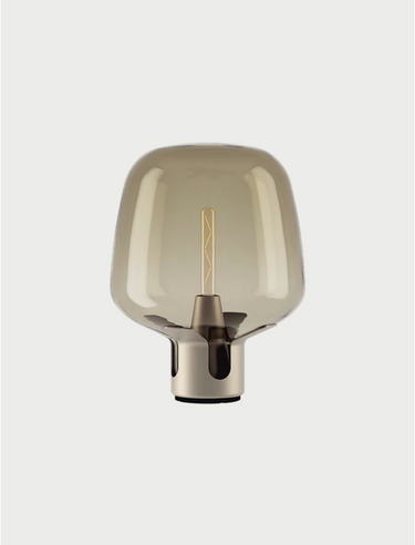 Lodes Flar large floor lamp in champagne finish with honey hand-blown glass shade.
