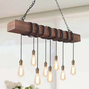 farmhouse linear chandelier with wood frame and matte black metal canopy for kitchen island lighting