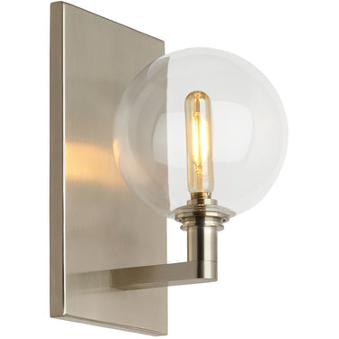 Clear glass globe wall sconce with LED light in satin nickel finish for modern interiors