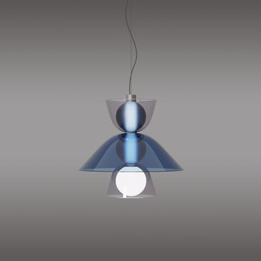 Penta Gems pendant with blue glass shades hanging from the ceiling